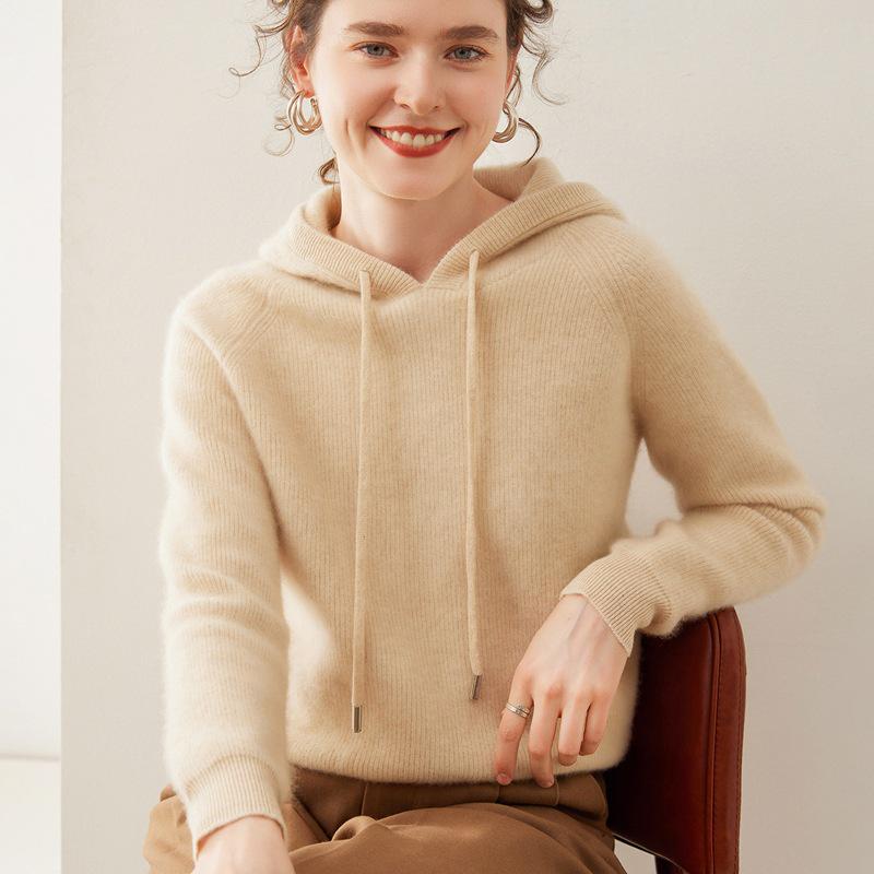 Women's Cashmere Yuanbao Stitch Hoodie - Loose Fit, Thick Knit, Age-Reducing, Casual for Autumn and Winter