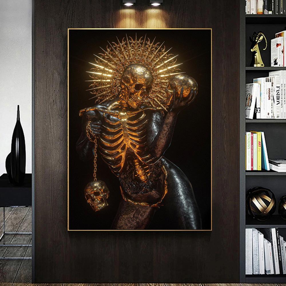 Black Golden Red Abstract Skeleton Art Canvas Poster Gothic Painting Print Metallic Texture  Skull Pictures Room Home Wall Decor