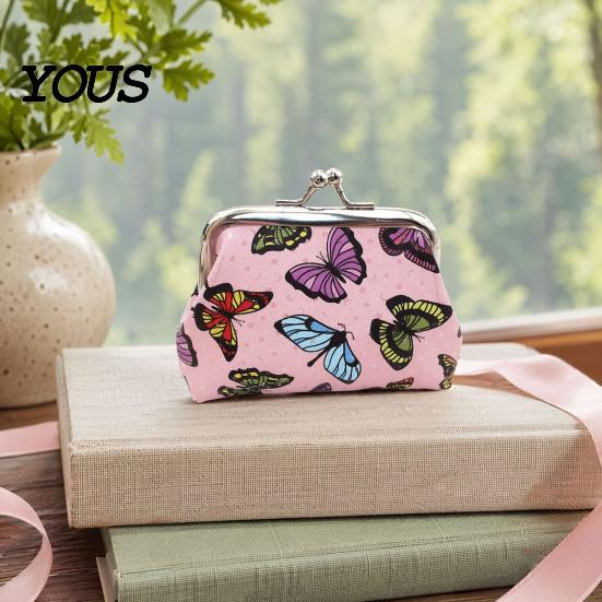 Travel Small Storage Pouch Women Coin Purse, Vintage PU Leather Change Butterfly Cute Bag Kiss Lock Pouch, Pocket-Sized, Mini Purse for Durable Wallet