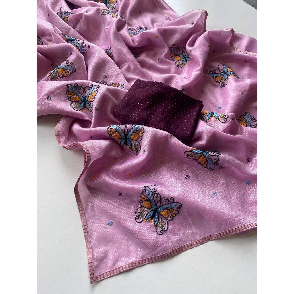 Pure kota silk saree with beautiful butterfly design embroidory all Over saree with piping