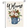 Welcome Garden Flag Hello Winter Garden Flags Double-Sided Pinecones Mug Snowflakes Seasonal Outdoor Holiday Banner Winter Flag for Yard Lawn Decorat