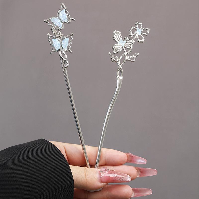 New Chinese Style Moonstone Women's Alloy Hairpin with Ancient Style Butterfly Tail Liquid Metal Advanced Fashion Headwear