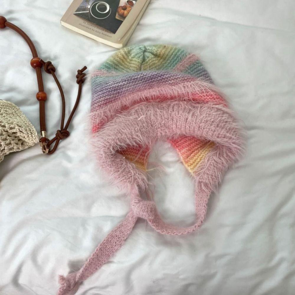 New Design Y2k Handbag-hat Hand-crocheted Pullover Beanie Hat Winter Striped Drawstring Hat  Women