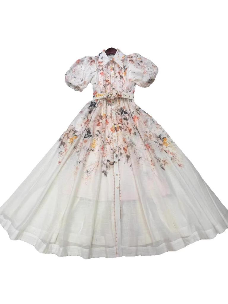 Elegant Patchwork Single-Breasted Polo Collar Puff Sleeve Dress - Spring 2026 Collection