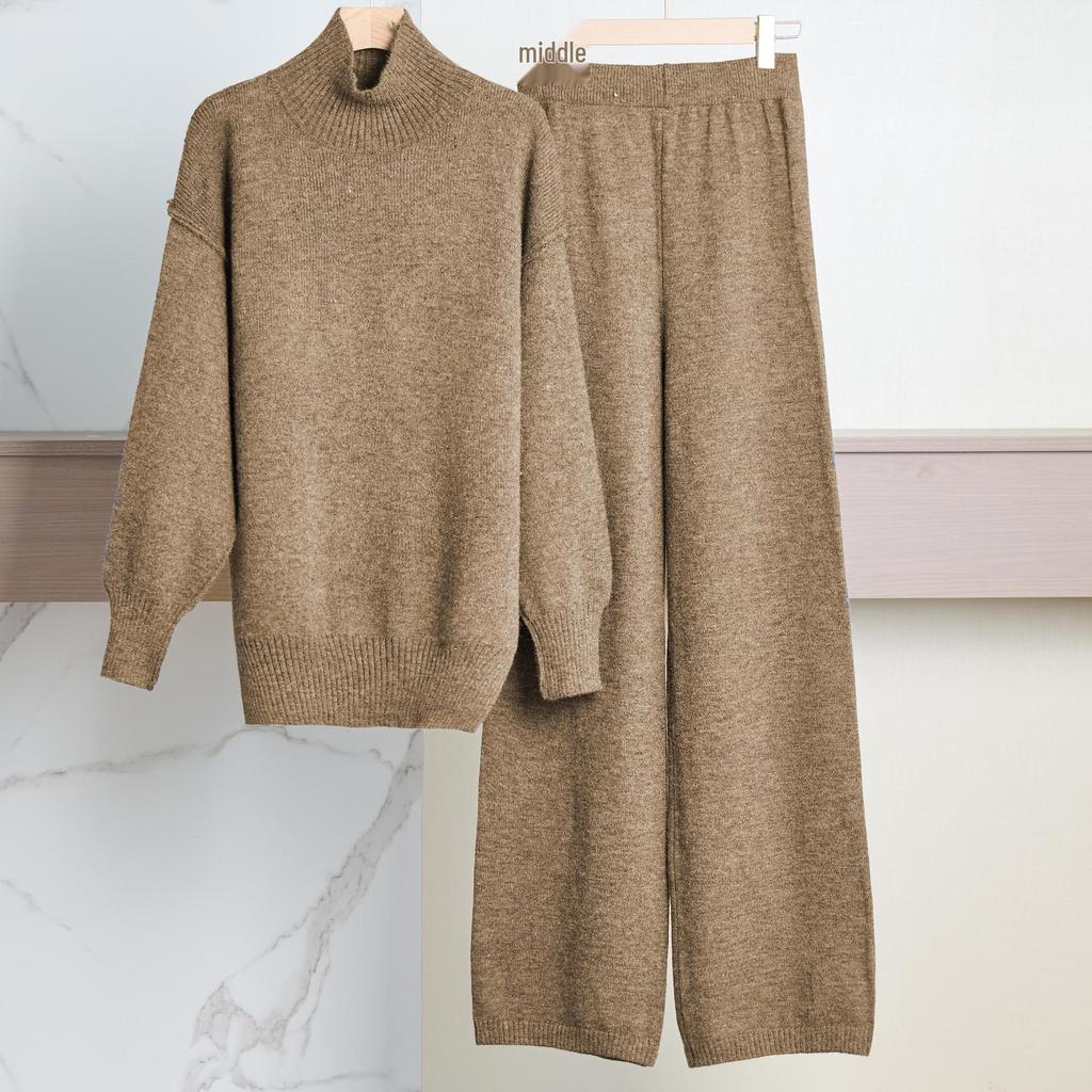 2025 Autumn/Winter Casual Solid Color Knitted Sweater Set: Loose High Neck and Pants