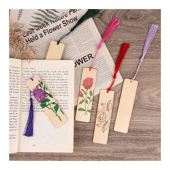 50 Pack Blank Wooden Bookmarks for DIY, Rectangle Wood Bookmarks Easy to Color, Craft Projects, Gift Tags, Craft Supplies with 50 Colorful Tassels