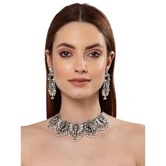 Latest Stylish Traditional Oxidised Silver Necklace Jewellery Set for Women