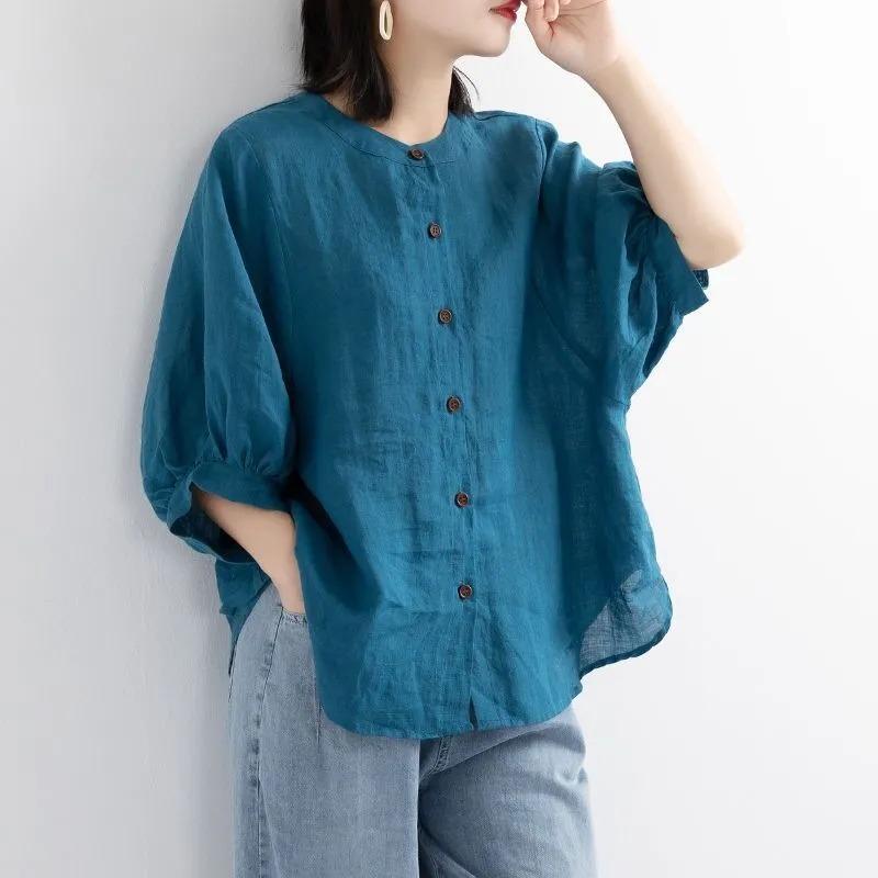 Womens Teal Linen Blouse Casual Round Neck Lantern Sleeve Button Up Solid Color Top