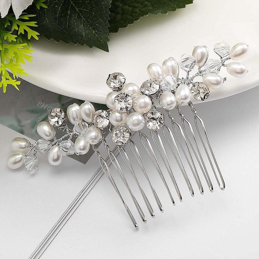 Brishow Crystal Bride Wedding Hair Comb Bridal Hair Pieces Pearl Hair Accessories for Women and Girls (Silver)
