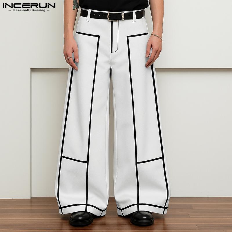 INCERUN Men Zip-up Waist Stitching Casual Long Wide Legs Pants Trousers