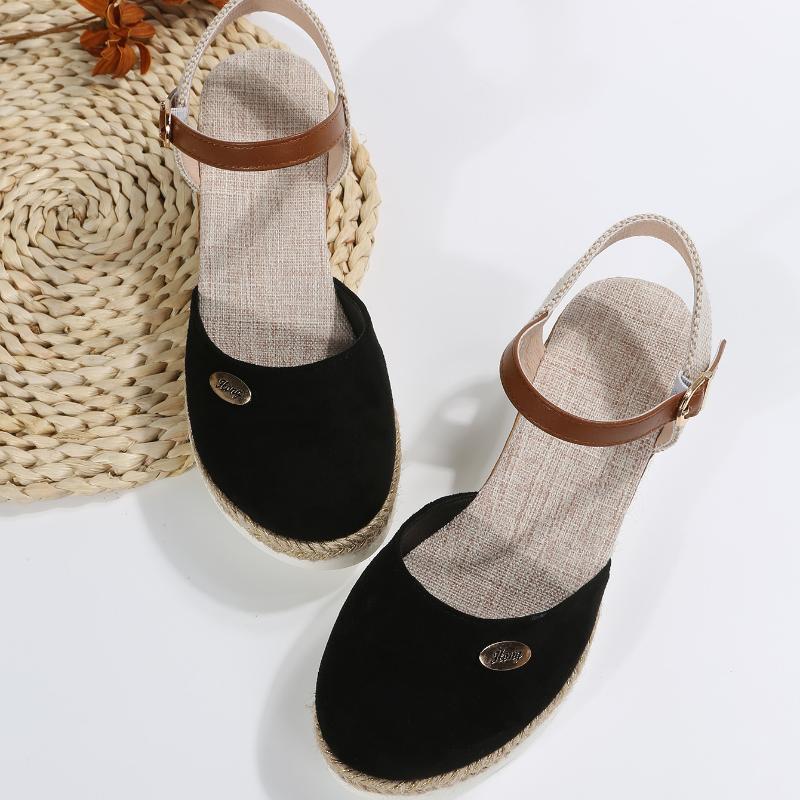 Sommer Damen Leinen Uni 6cm Keilsandalen Bohemian Handarbeit Damen Lässig Bequem Espadrilles Plateau Pumps Schuhe