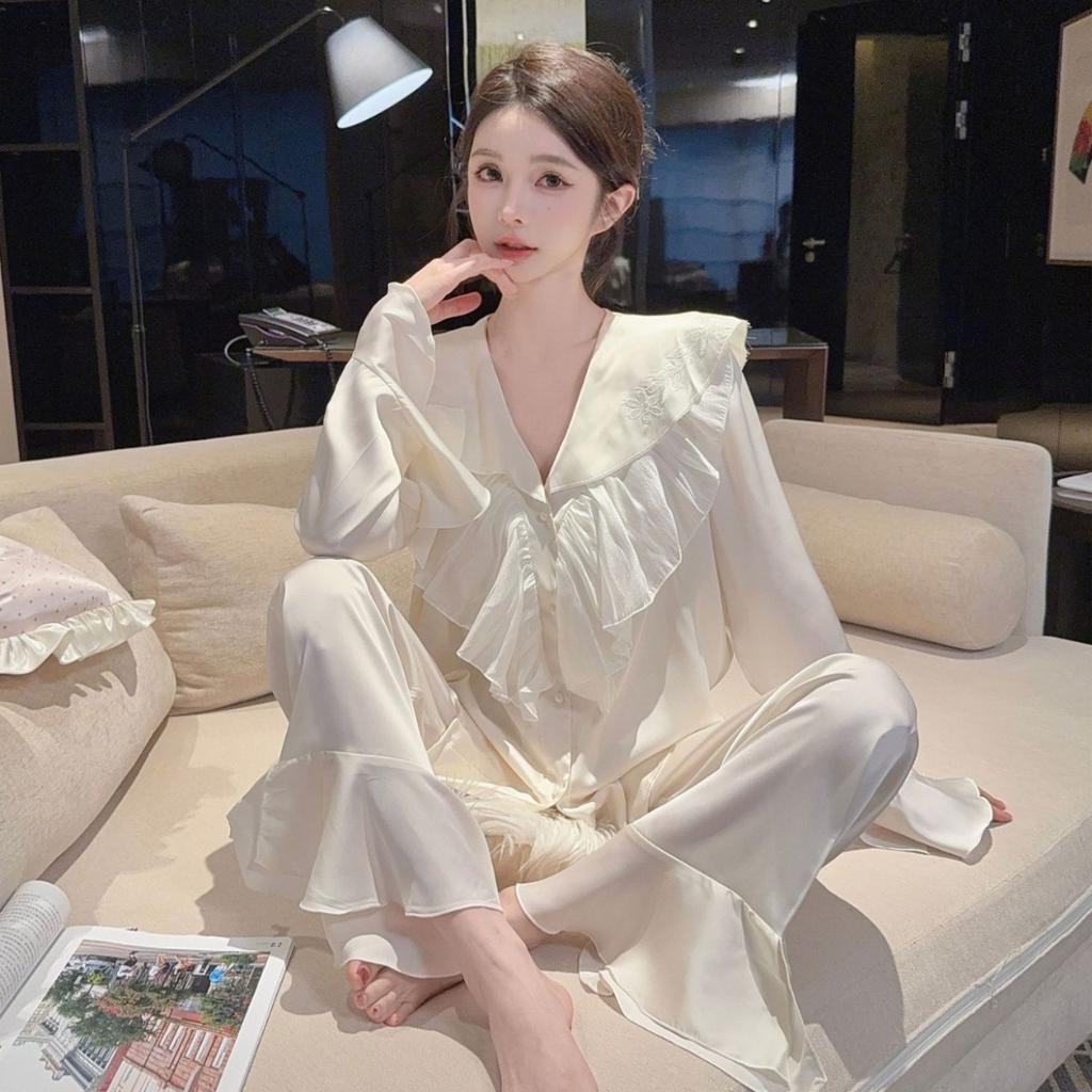French Court Style Ice Silk Pajamas Women's Summer Sweet High-end Long-sleeved Trousers Set Sweet Girl Loungewear