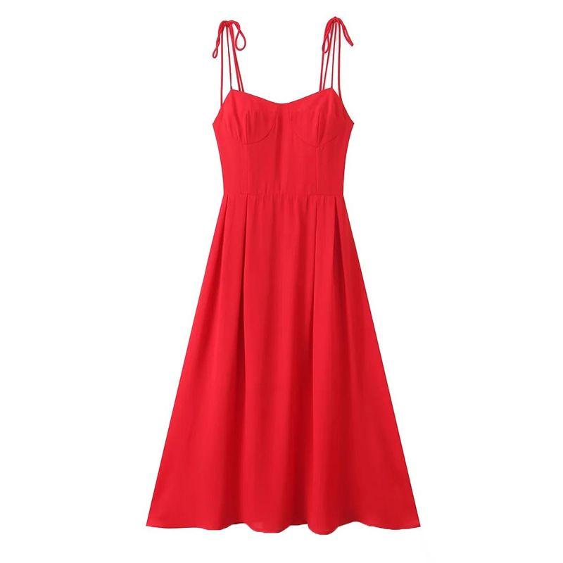 Spring New Women's Clothing French Style Retro Pure Color Figure Flattering Cinched Waist Lace-up Long Midi Skirt Sling Dress