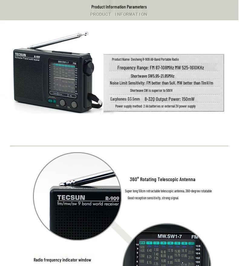 Desheng R-909 Retro FM Broadcast Portable Radio for Seniors