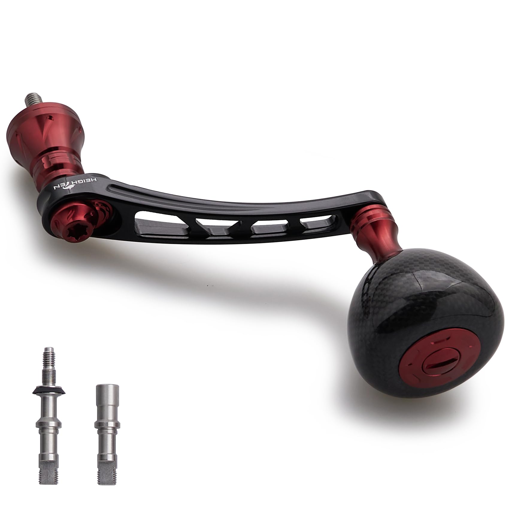 HEIGHTEN Adjustable Reel Handle with 36mm Carbon Knob for Shimano and Daiwa Spinning Carbon Drum Series Wine 65-70mm Reels, (Black & Red) (1176)