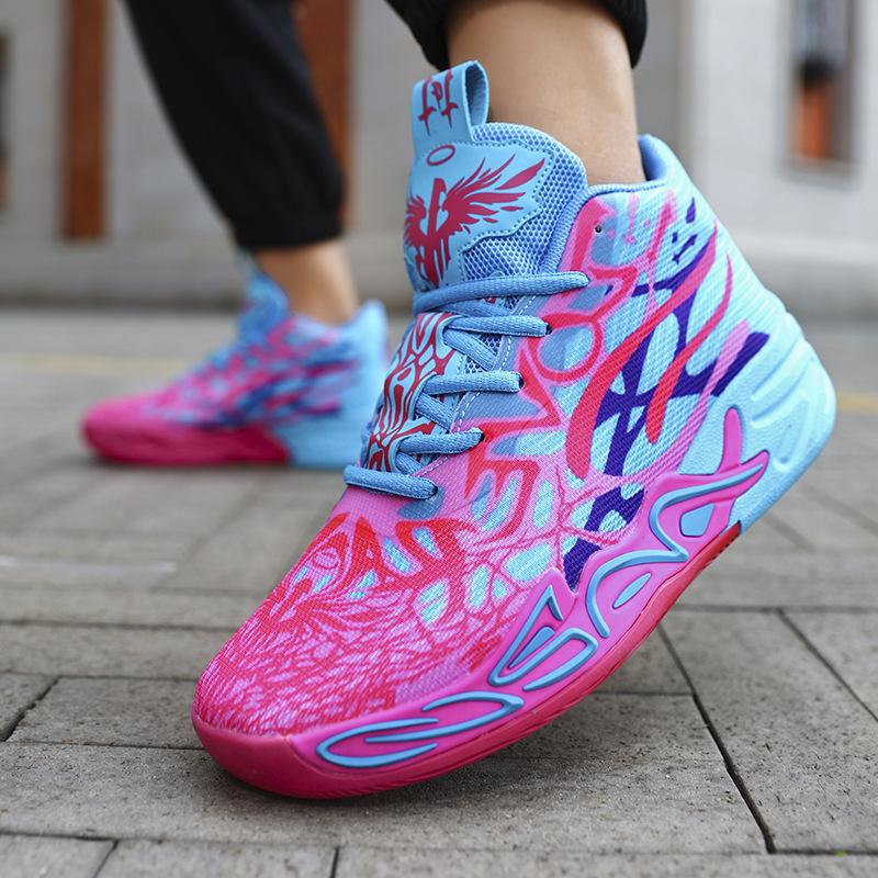 Basketbalové boty nové dětské basketbalové boty pro mládež mandarínská kachna síťovina fly-woven sportovní boty bojové boty vysoké tréninkové boty