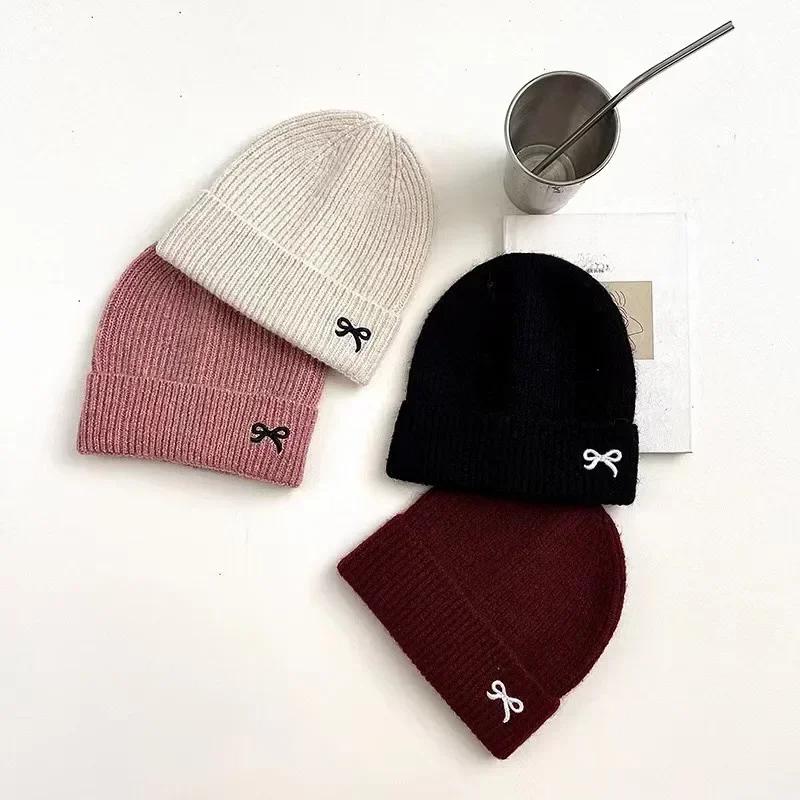 1 Piece Sweet Bow Kids Girl Beanie Fashion Embroidery Bow Crochet Bonnet Childen Cute Autumn Winter Thicken Knitted Hat