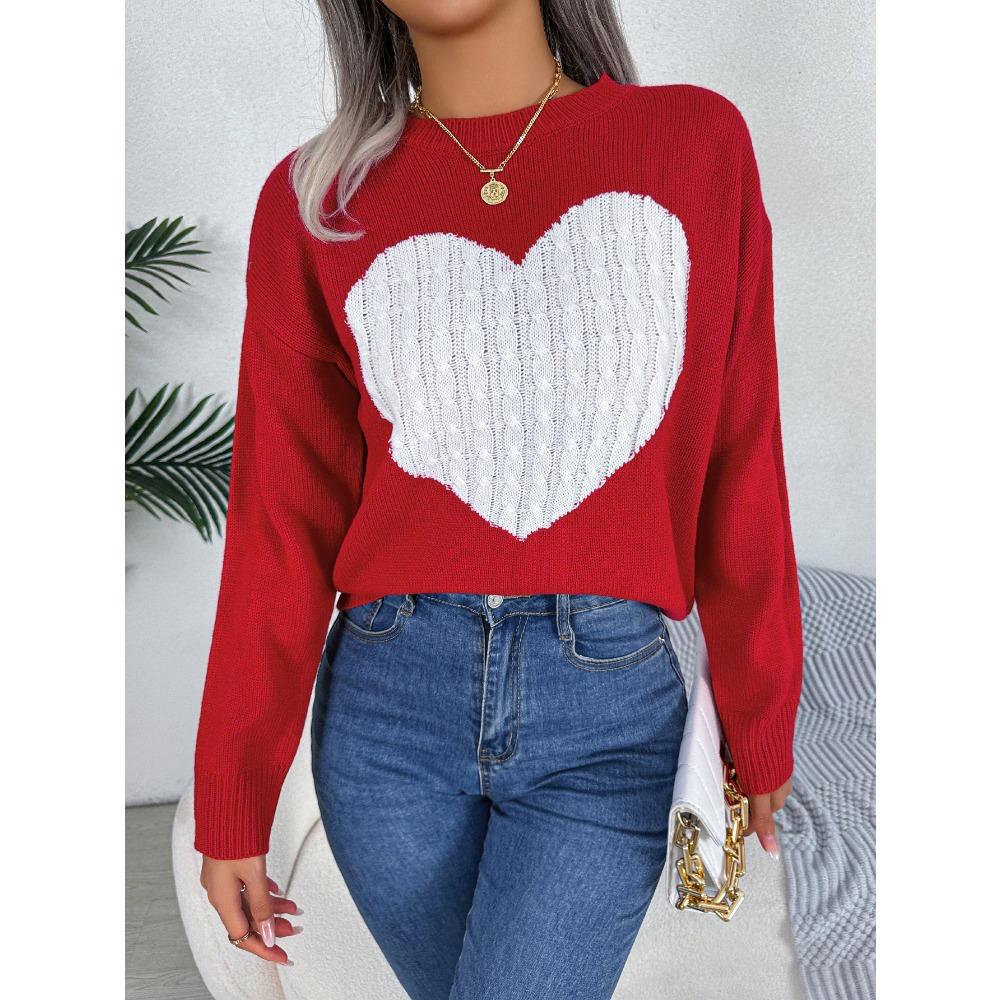Women's Sweatshirt Autumn/Winter Cable-Knit Heart-Pattern Long-Sleeved Pullover Valentine's Day Ladies' Knitwear