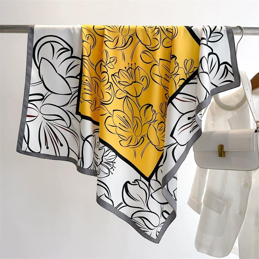 New Retro Printed Elegant 90cm Twill Fabric Stole Flower Sunscreen Wrap Square Scarf For Women