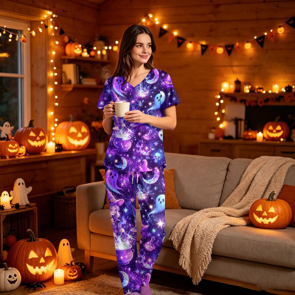 Women's Halloween Print Scrub Set V-Neck Short Sleeve Top with Pocket and Pants 2-Piece Uniform