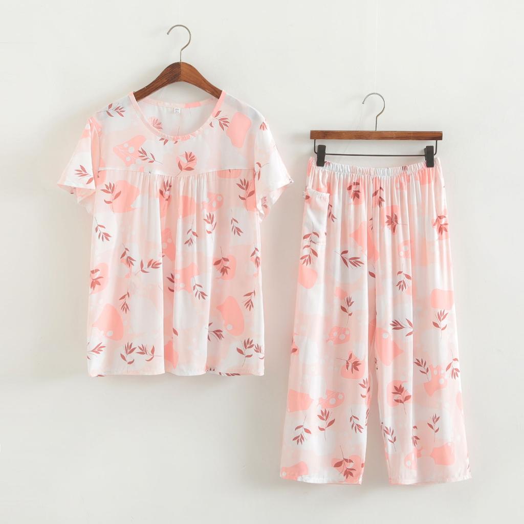 Baumwollseidenset Kurzarm-Caprihose für Damen mittleren Alters und ältere Frauen im Sommer, dünnes Oberteil, cooles Zuhause