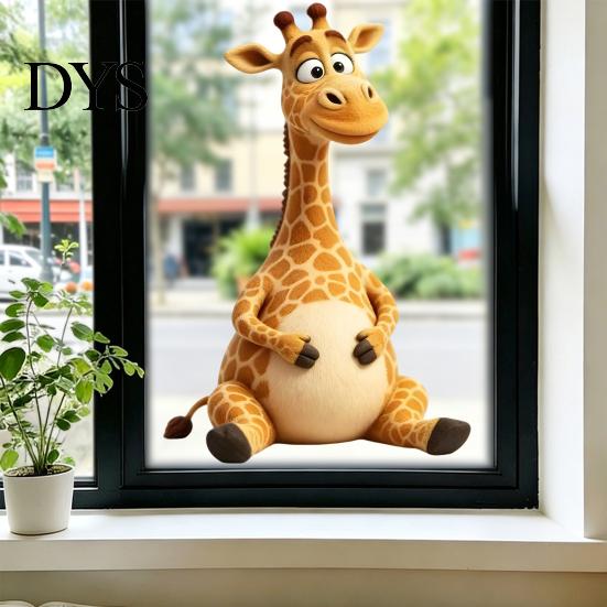 Reusable Sunproof Door Decals Cute Cartoon Giraffe Static Window Clings, Thick PVC No-Adhesive Removable Glass Decals, Childlike Wall Decor Waterproof