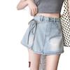 Women's High-Waisted A-Line Denim Skort with Irregular Tie Design - Petite Fit