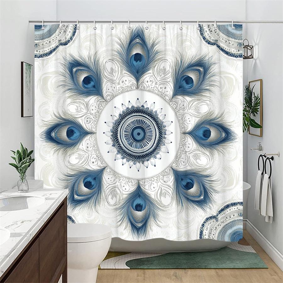 1 Blue Peacock Feather Mandala Shower Curtain - Symmetrical Design On Beige Background, Polyester Fabric, Machine Washable
