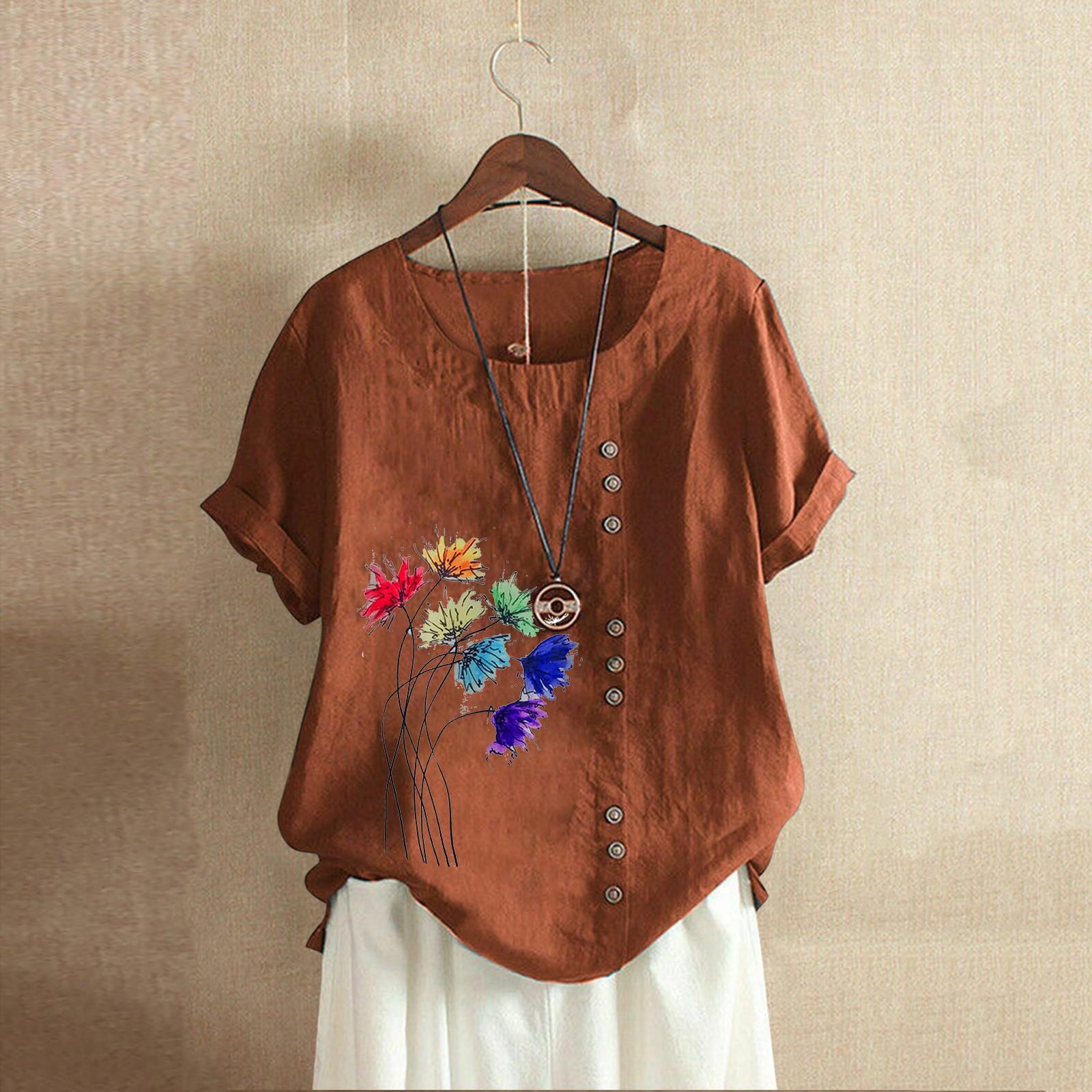 

Женская хлопково-льняная футболка с круглым вырезом, коротким рукавом и пуговицами, футболка с принтом L кофейный