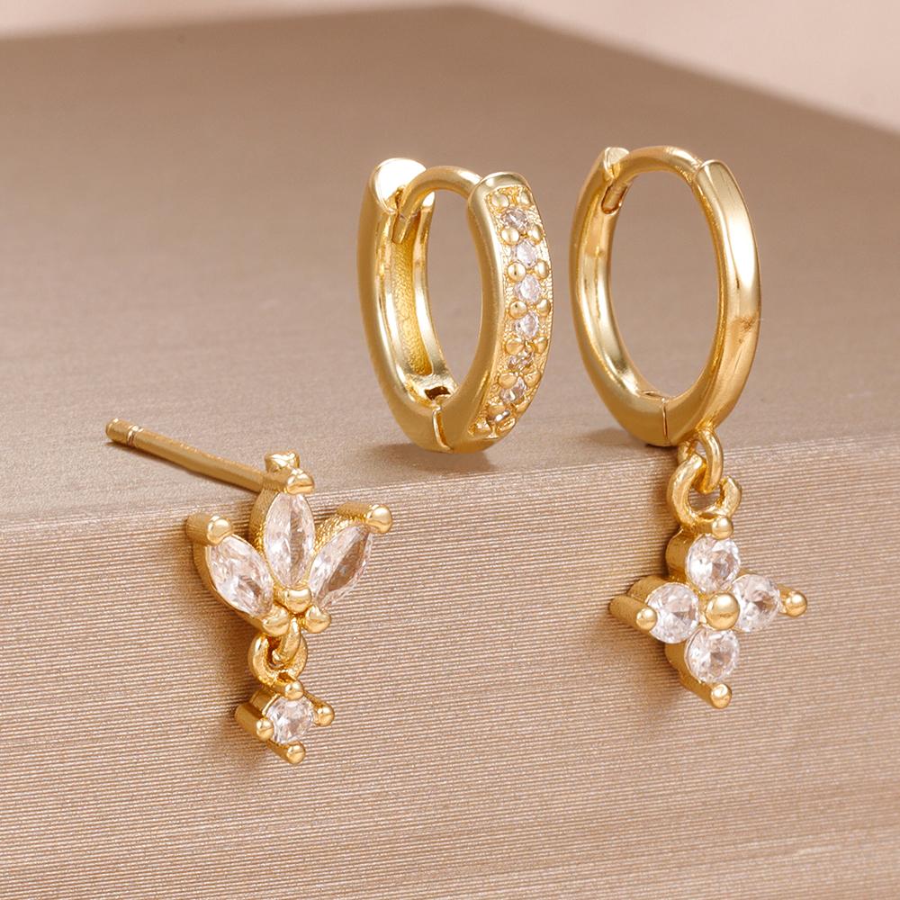 3-teiliges Modisches Orange Blau Zirkon Hängende Ohrringe Set für Damen Edelstahl Blume Dangle Ohrring Piercing Schmuck