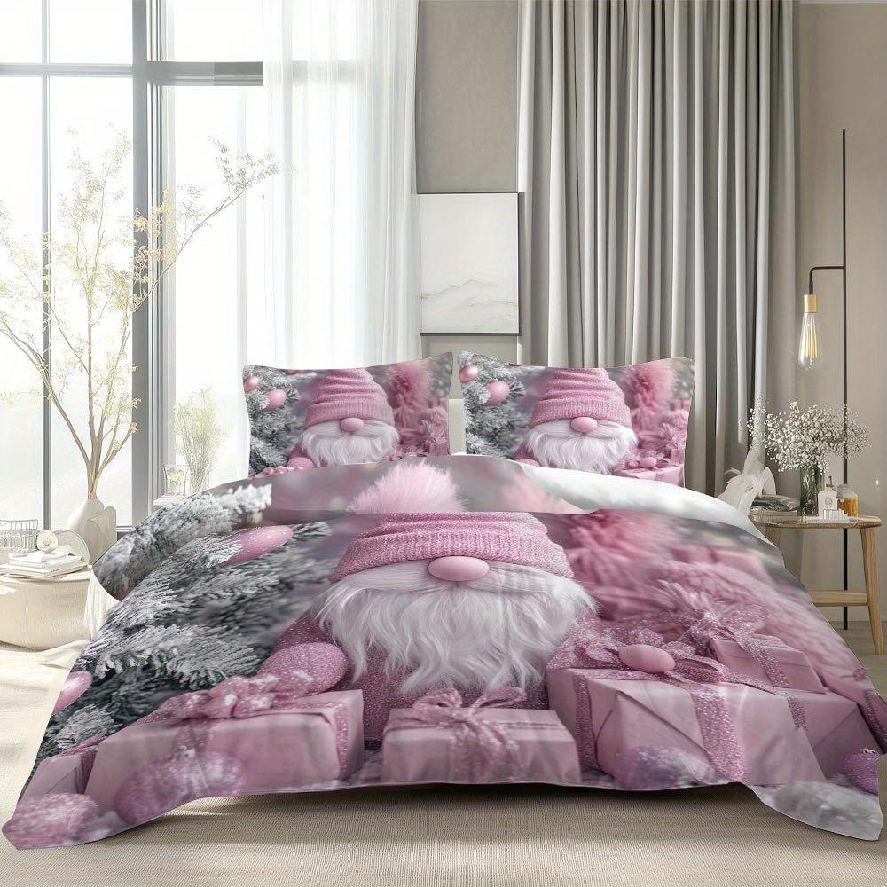Latacaca 2/3Pcs Christmas Gnome Duvet Cover Set Pink Themed Bed Cover Set Festive And Cozy Bedding Set Christmas Gift