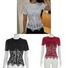 T-shirt da Donna Primavera Estate Pannello in Pizzo Manica Corta Top Casual Per Appassionati di Moda