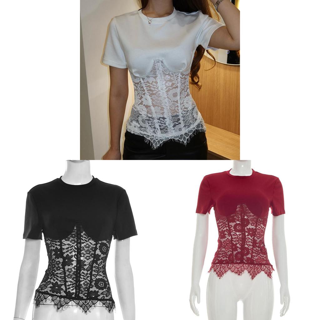 T-shirt da Donna Primavera Estate Pannello in Pizzo Manica Corta Top Casual Per Appassionati di Moda