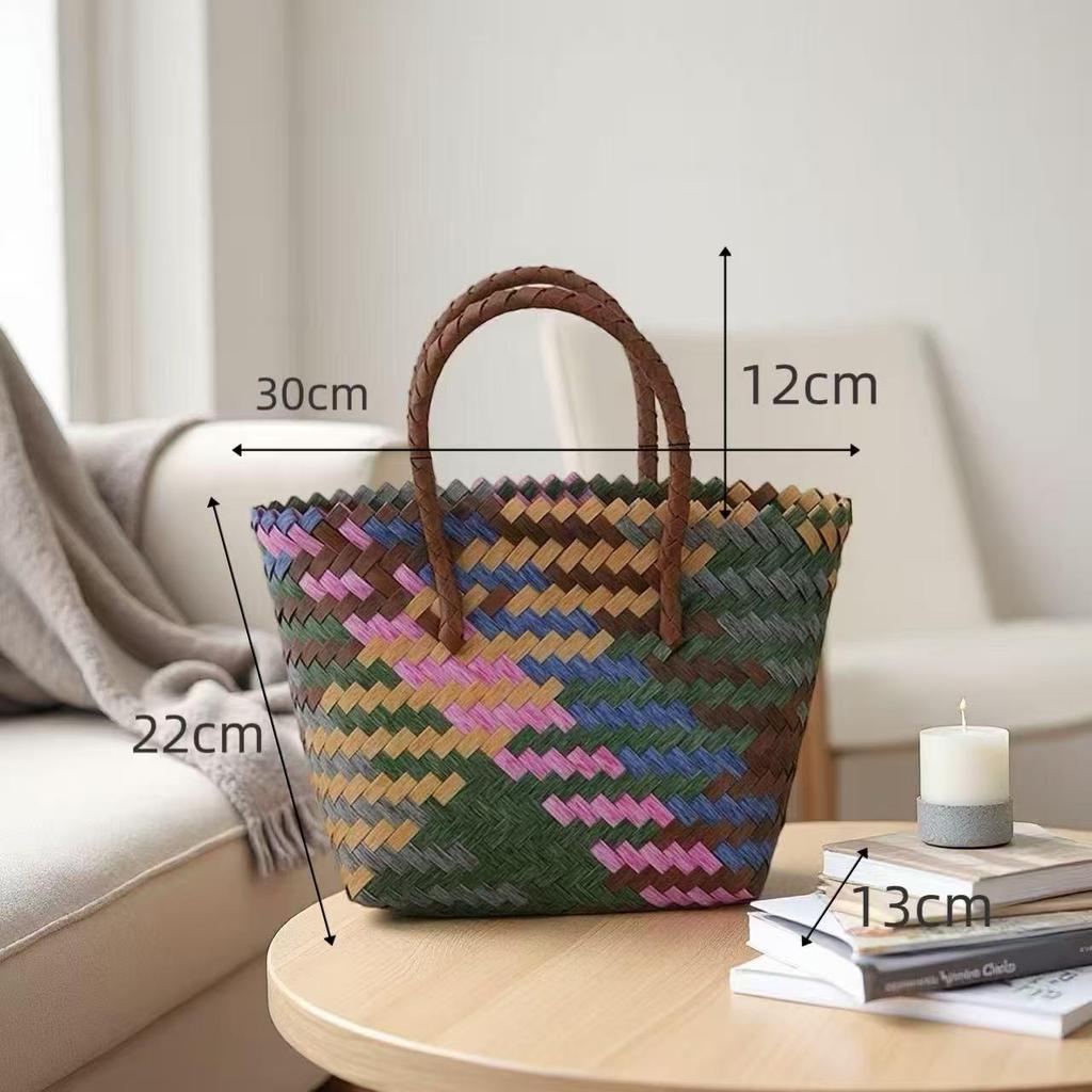 Borsa intrecciata a mano in rattan imitazione con manici in bambù - Cesto per la spesa, Souvenir, Borsa di paglia, o Tote per pendolari