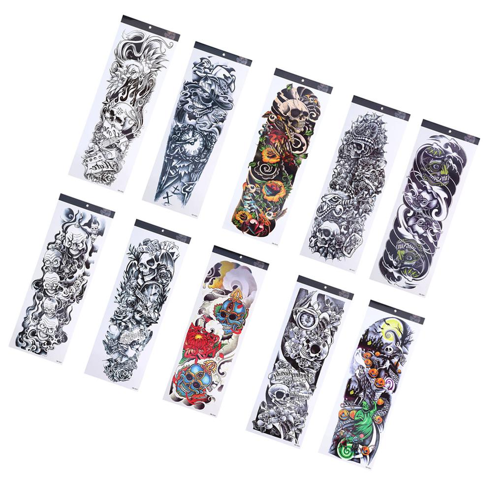 10pcs Fake Tattoo Stickers Temporary Waterproof Skull Pattern Full Arm Tattoos for Halloween
