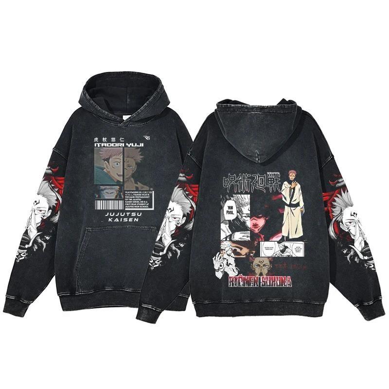 Anime Jujutsu Kaisen Ryomen Sukuna Print Washed Hooded Men Manga Vintage Hoodies Casual Cotton Streetwear Harajuku Sweatshirt