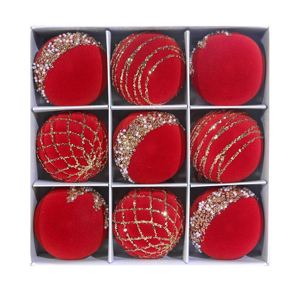 Lamp-painted Plastic Christmas Tree Decorative Hanging Ornaments, 8cm 9pcs Flocked Christmas Ball Set