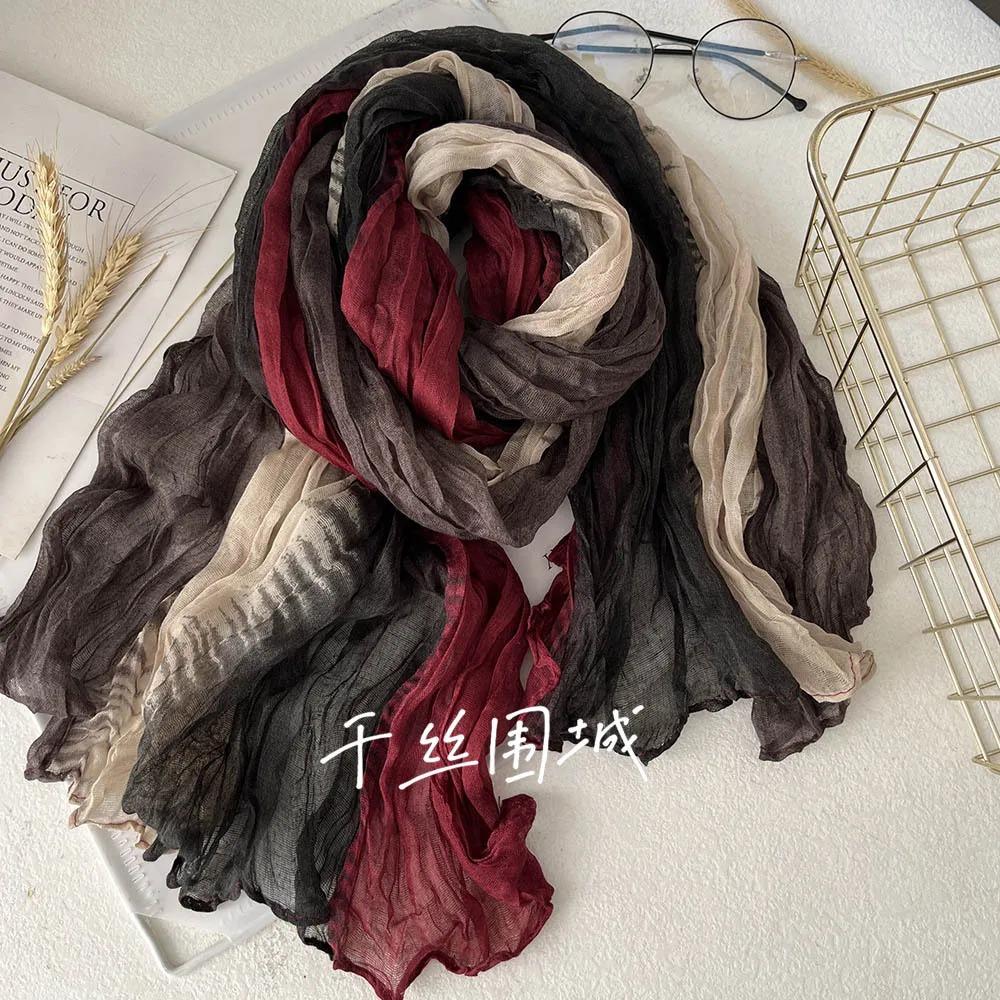 New Scarf Cotton Hemp Hand Feel Gradient Blue Autumn Winter Retro Versatile Printed Women's Long Fold Shawl Soft Fashionable
