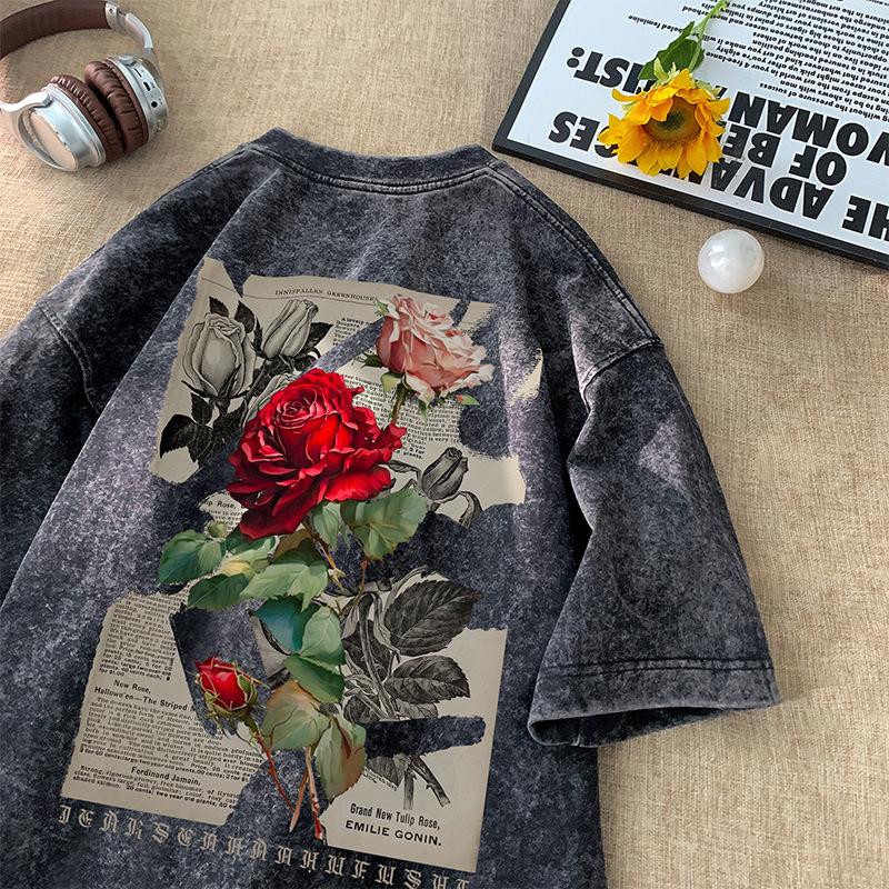 Pure Cotton American Retro Old Washed Black Brown Casual Elegant Rose Print Oversize Loose Short-Sleeved T-Shirt