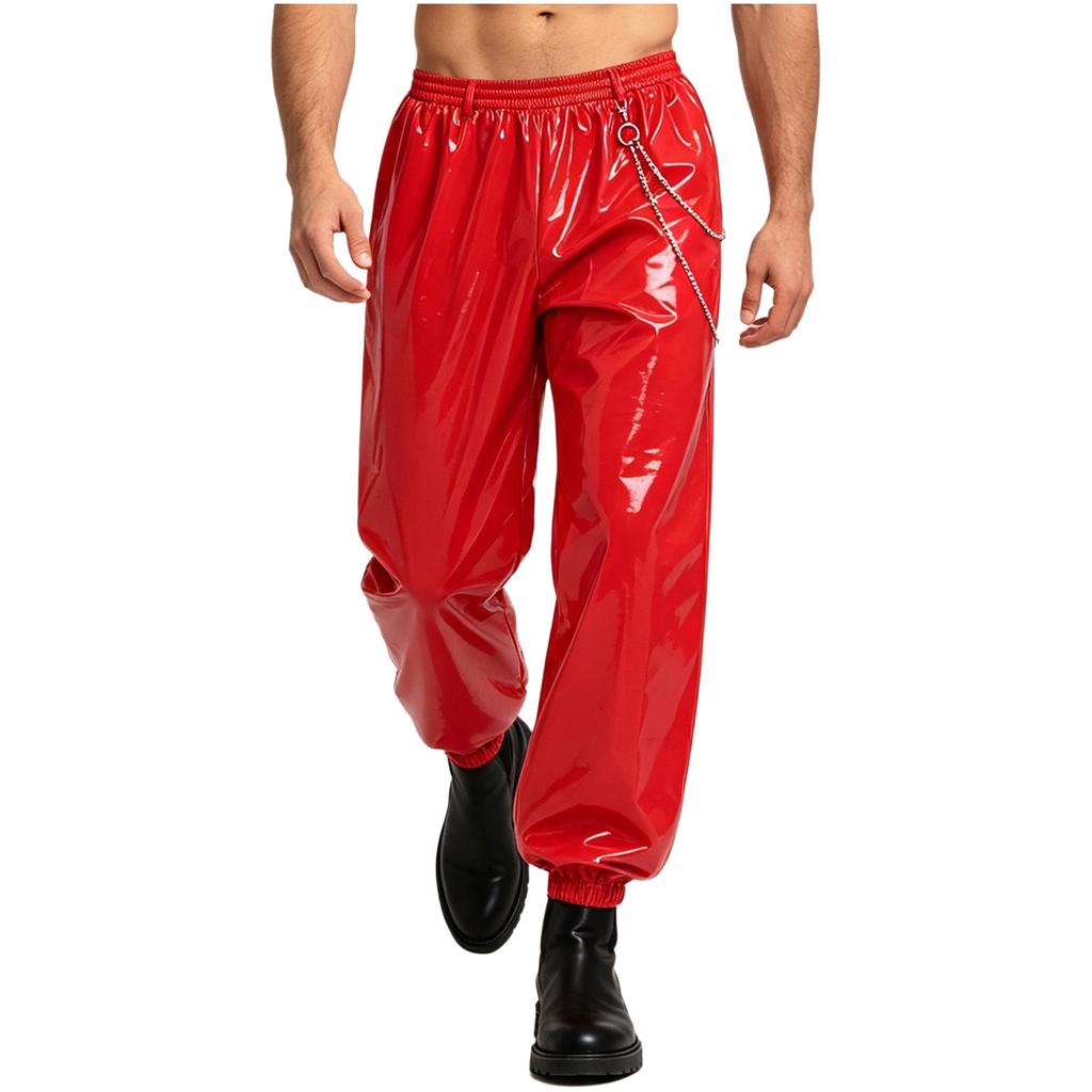 Men Glossy PU Leather Jogger Pants with Metal Chain Detail Elastic Waistband Side Pockets Punk Clubwear Trousers for Rave Party