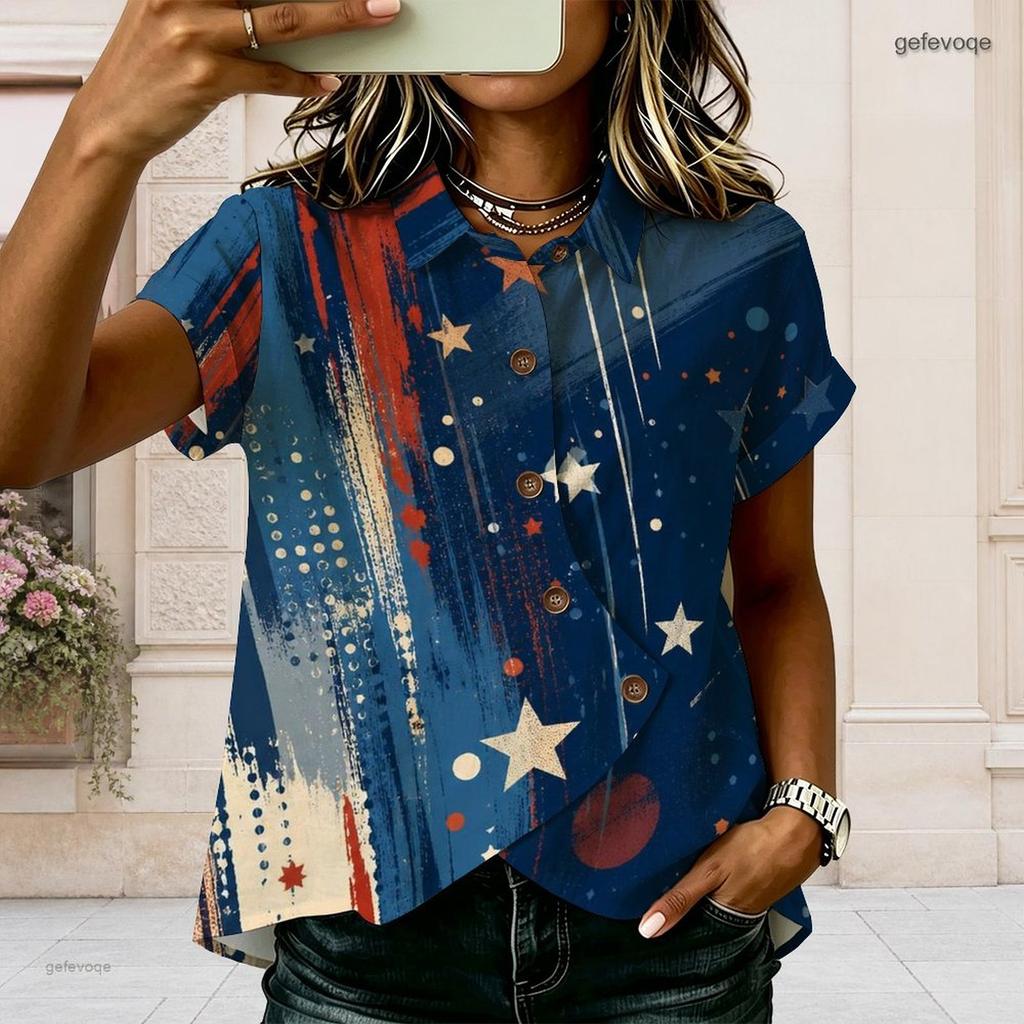 Plus Size Women Collared Short Sleeve Blouse Geometric Abstract Line Print Button Front Casual Summer Top