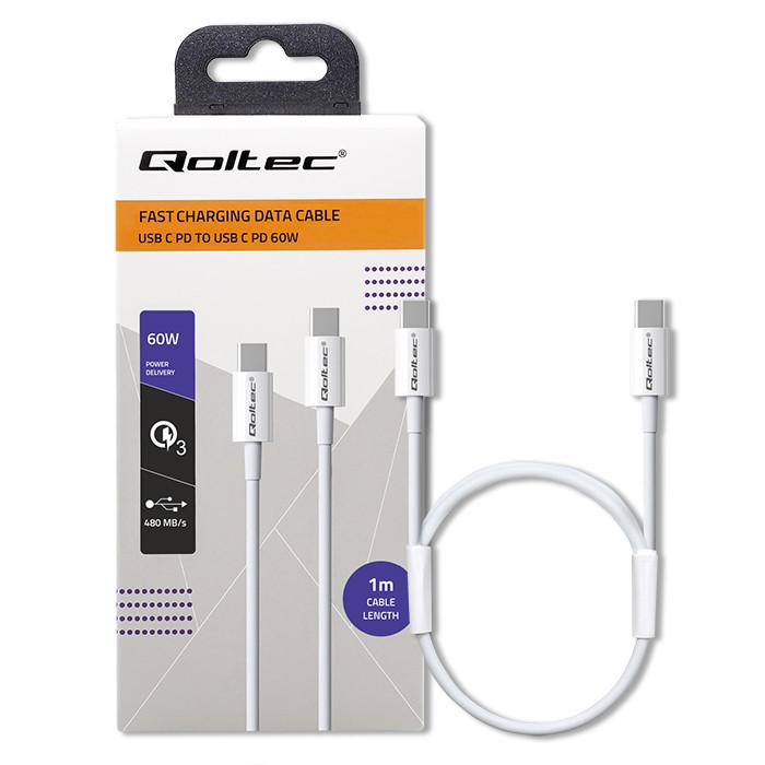 Qoltec Kabel USB 2.0 Typ C | USB 2.0 Typ C 60W | QC 3.0 | PD | 1m | Weiß