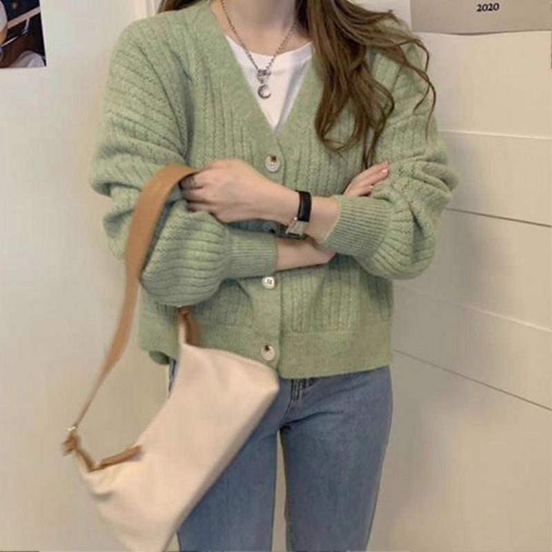 Women Knit Sweater Coat Loose Casual Long Sleeves V Neck Button Closure Knitted Sweater Coat Top