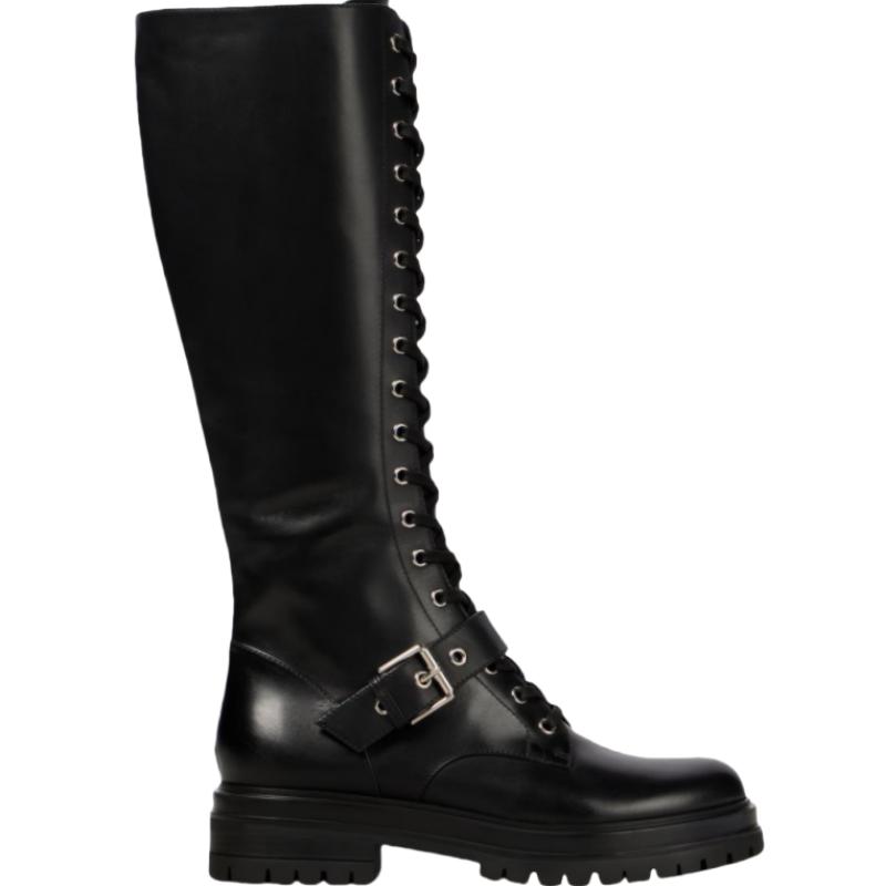 Quality Women's Knee High Boots Black Genuine Leather Winter Shoes Block Heels Lace-up Riding Boot Footwear Shoes Ladies Brand