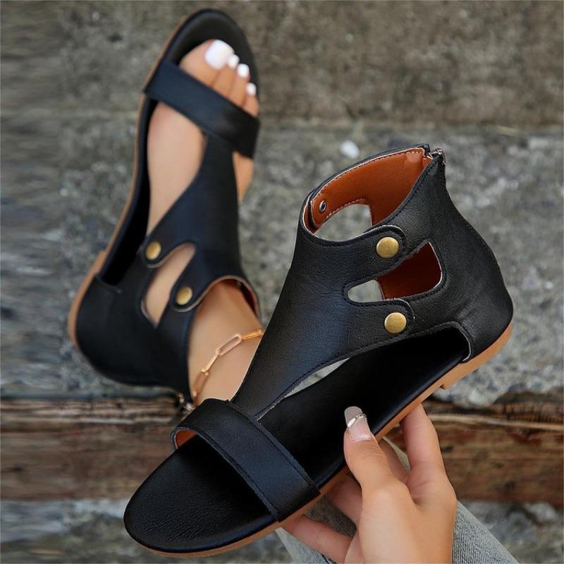 Hollowed-out Shoes with Toe Exposed and Zipped Flat Sandals for Women, Large-sized Retro Sandals