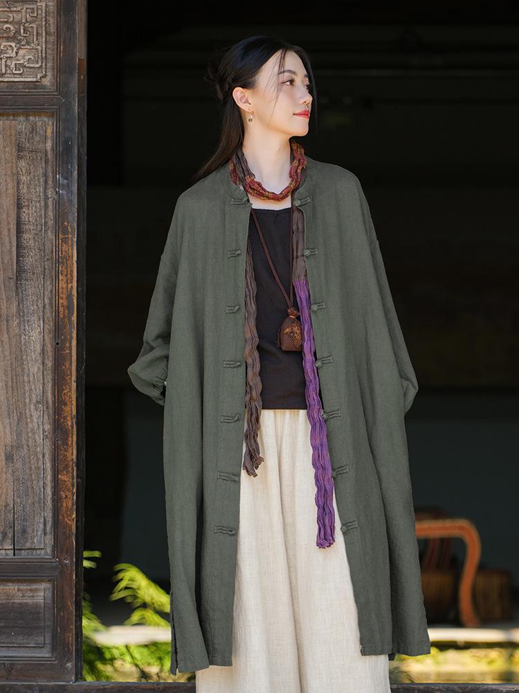 

Весна 25: Женский ретро тренч из хлопка и льна в китайском стиле с застежкой-пуговицей One Size