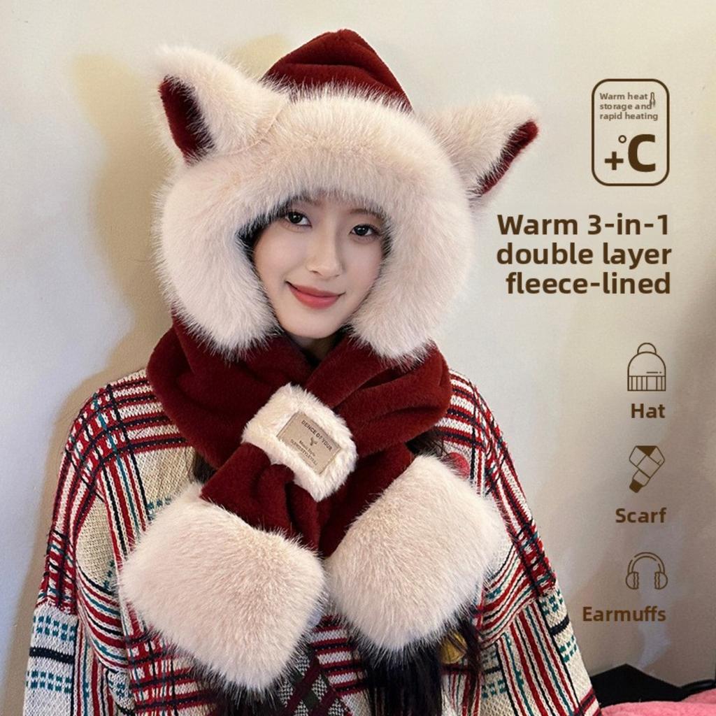 Plush Cute Fox Ear Hat Scarf One-piece Women's Autumn and Winter Hooded Scarf for Cycling and Keeping Warm