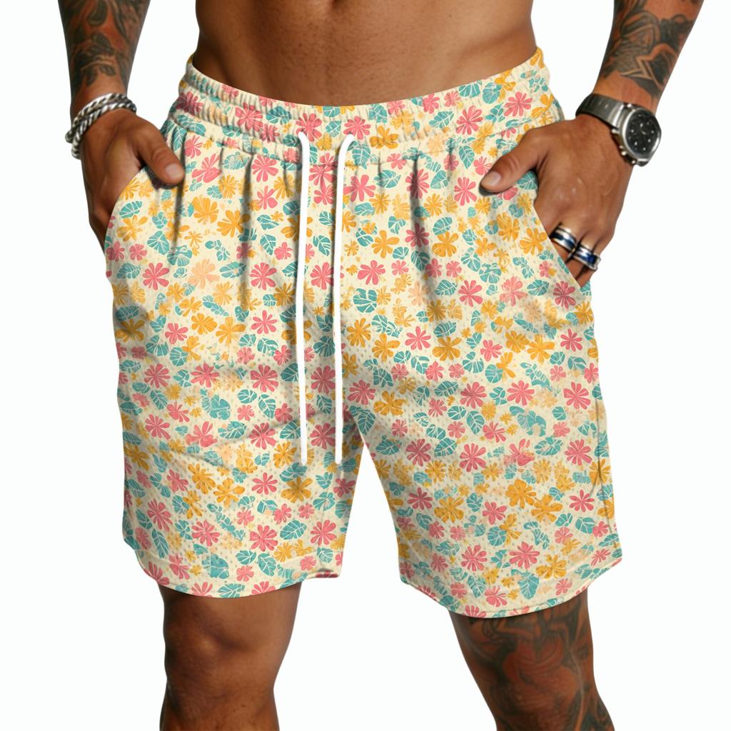 Men's Casual Drawstring Shorts Lightweight Quick Dry Five Inch Inseam Hawaiian Print Beachwear Summer Bottoms with Pockets