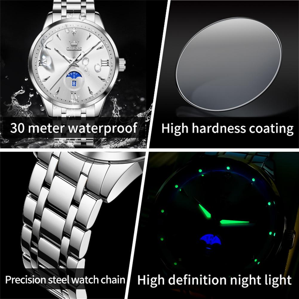 Classic Minimalist Dial Men's Watches Waterproof Week Calendar Genuine Quartz Wristwatch Stainless Steel Strap Watch