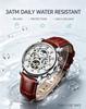 KINYUED Full Hollow Moon Phase Skeleton Watch Men Silver Case Brown Leather Strap Chronograph Waterproof Business Quartz